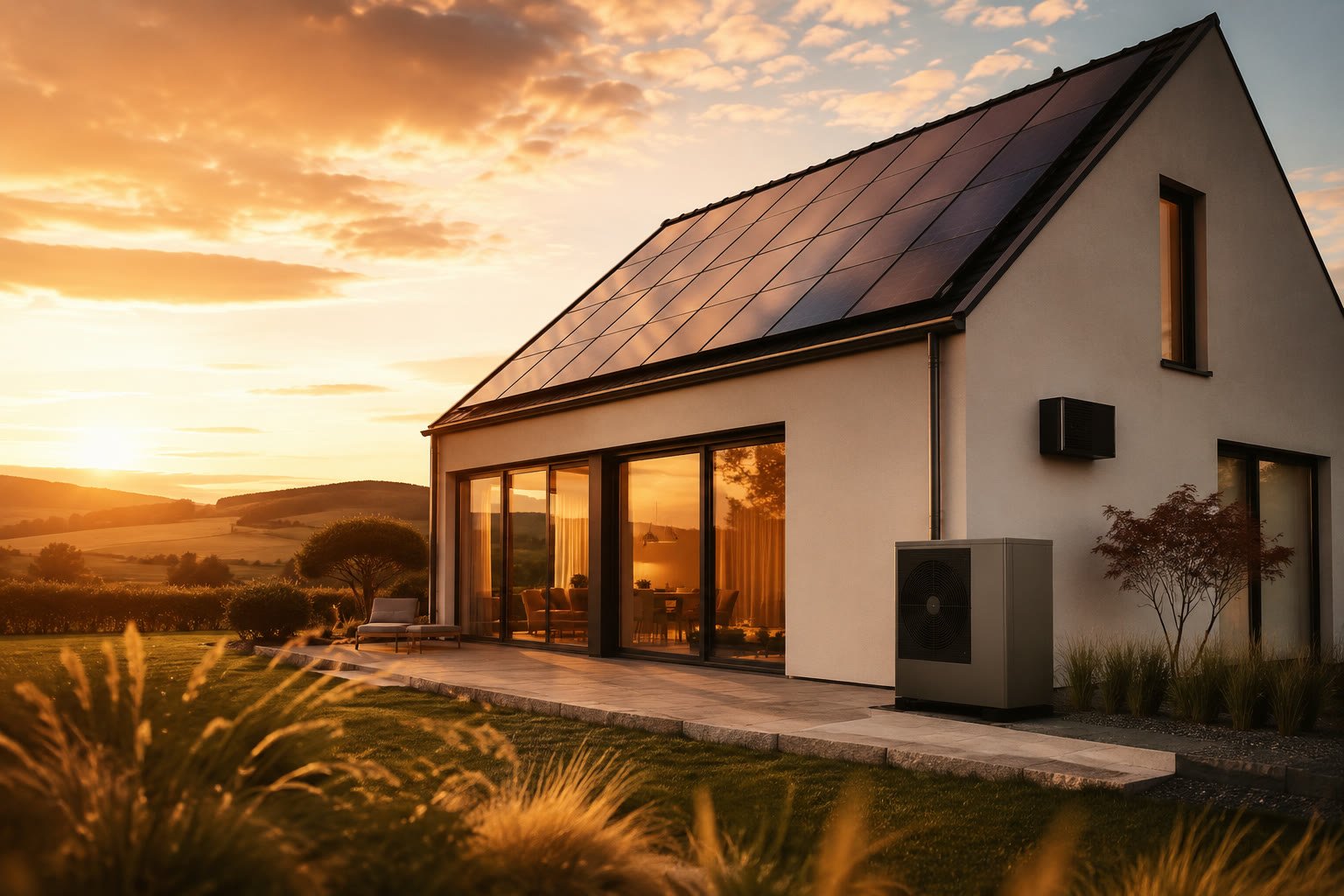 Einfamilienhaus mit Photovoltaikanlage in der Abendsonne