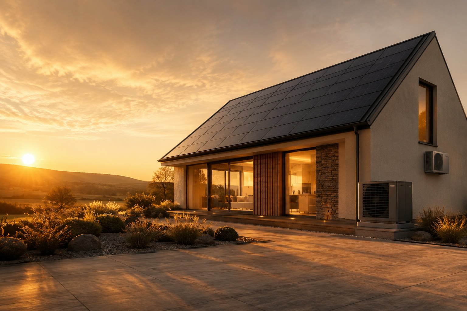 Wärmepumpe an einem modernen Einfamilienhaus in der Abendsonne
