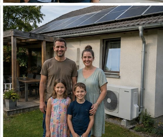 Familie mit Carport, Photovoltaik und Wärmepumpe