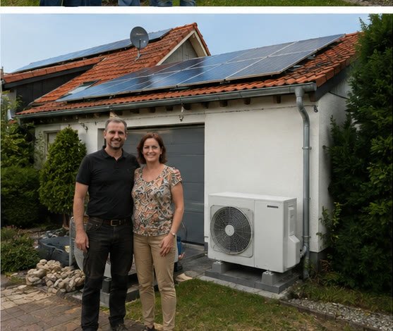 Kunden vor Garage mit Photovoltaik und Wärmepumpe