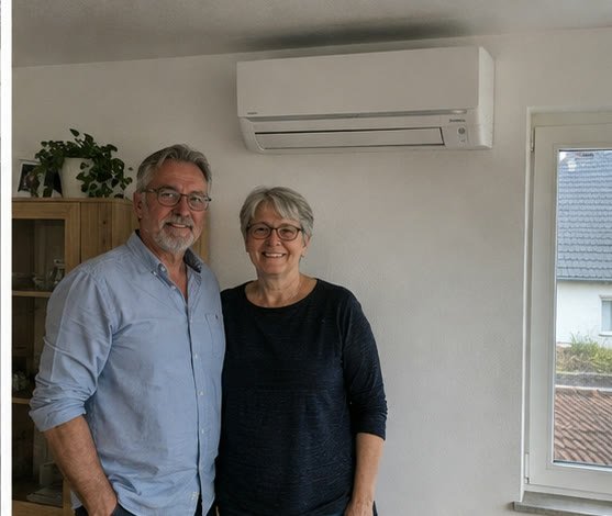 Kunden mit neu installierter Klimaanlage im Wohnzimmer