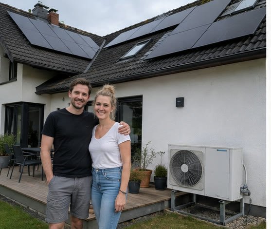 Kunden vor ihrem Haus mit Photovoltaik und Wärmepumpe