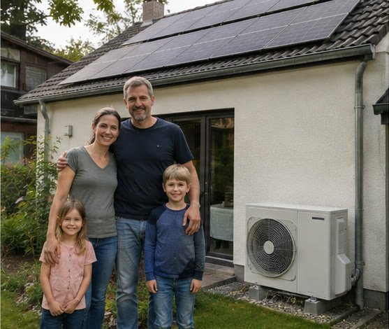 Familie mit Photovoltaikanlage und Wärmepumpe